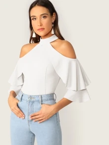 SHEIN 挖肩多層袖上衣 - 白色 - 查看 1