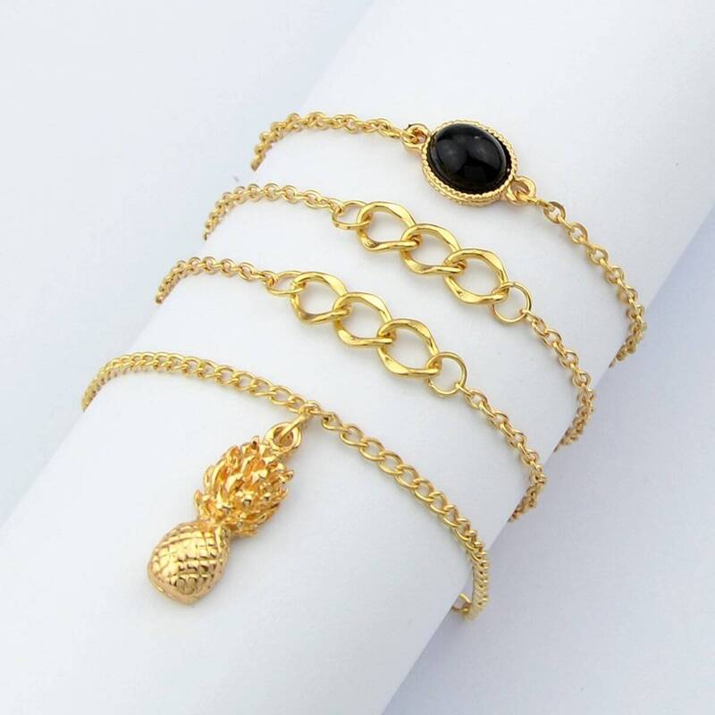 

4Pcs/Set Ethnic Style Beads Pineapple Charm Bracelet Set, Gold