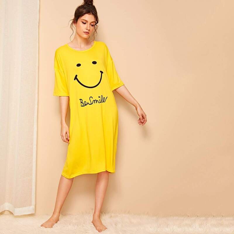

Smile & Letter Print Night Dress, Yellow bright