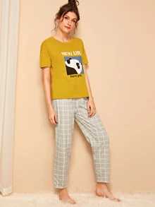 Conjunto de pijama de cuadros con estampado de panda y letra - Multicolor - Ver 3