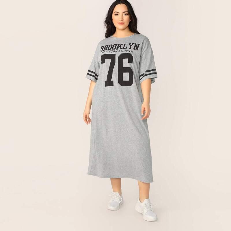 

Plus Striped & Letter Print Tunic Tee Dress, Grey