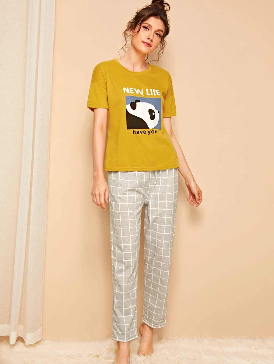 Conjunto de pijama de cuadros con estampado de panda y letra - Multicolor - Ver 1