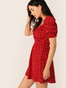 SHEIN Wrap Neck Gathered Sleeve Dress - Red - View 4