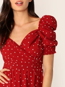 SHEIN Wrap Neck Gathered Sleeve Dress - Red - View 5