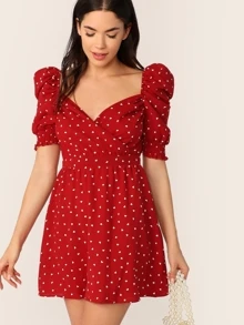 SHEIN Wrap Neck Gathered Sleeve Dress - Red - View 6
