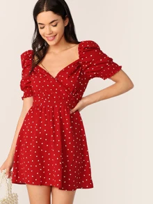 SHEIN Wrap Neck Gathered Sleeve Dress - Red - View 3