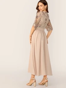 SHEIN V-Neck Contrast Sequin Mesh Sleeve Flare Dress - Apricot - View 2