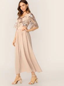 SHEIN V-Neck Contrast Sequin Mesh Sleeve Flare Dress - Apricot - View 3
