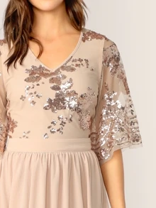 SHEIN V-Neck Contrast Sequin Mesh Sleeve Flare Dress - Apricot - View 4