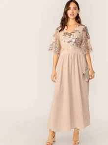 SHEIN V-Neck Contrast Sequin Mesh Sleeve Flare Dress - Apricot - View 5