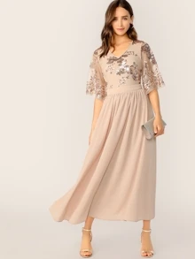 SHEIN V-Neck Contrast Sequin Mesh Sleeve Flare Dress - Apricot - View 1