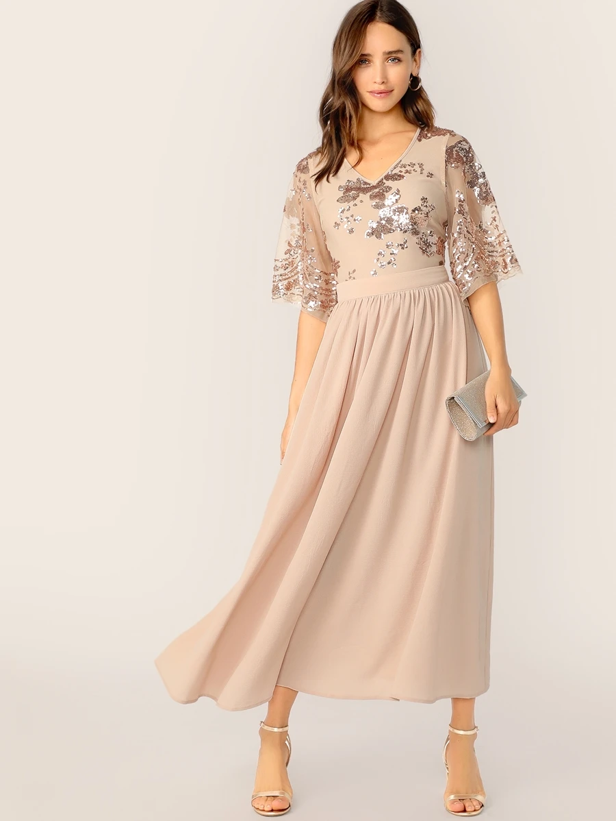 SHEIN V-Neck Contrast Sequin Mesh Sleeve Flare Dress - Apricot - View 1