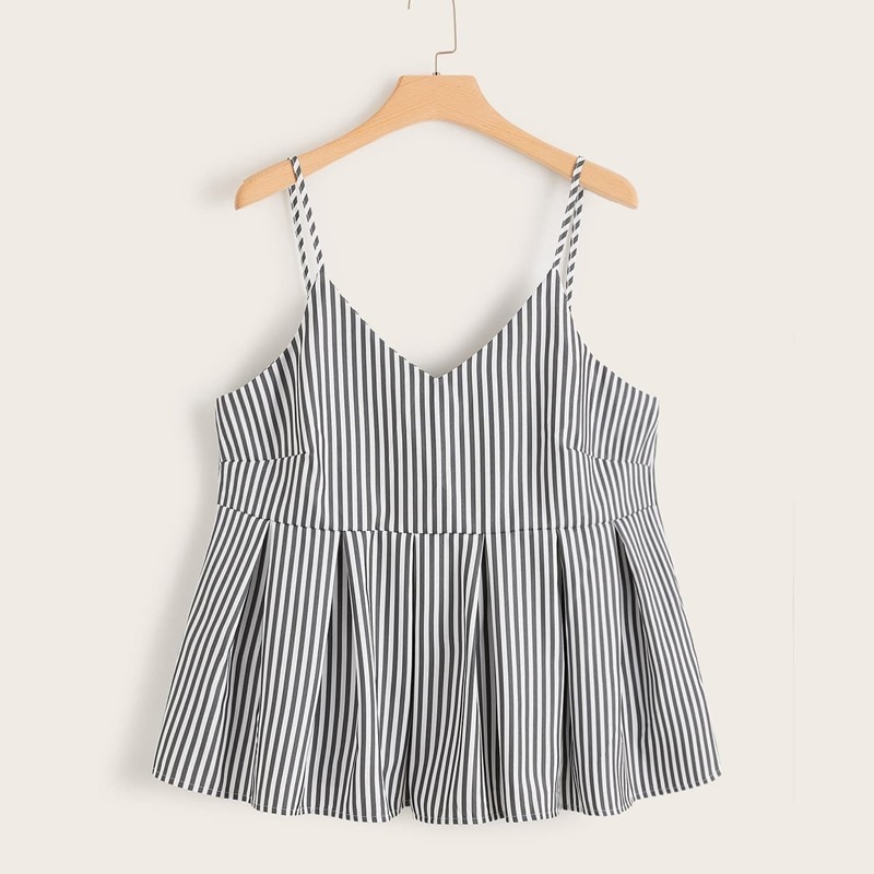 

Plus Ruffle Hem Striped Cami Top, Black and white