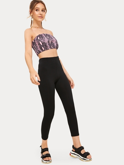 سروال ليقنز بربطة خصر عالية لون سادة قطعة واحدة