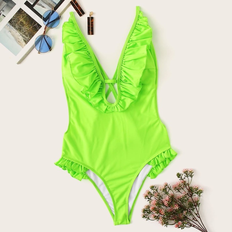 

Neon Green Ruffle Backless One Piece Swimwear, Green bright