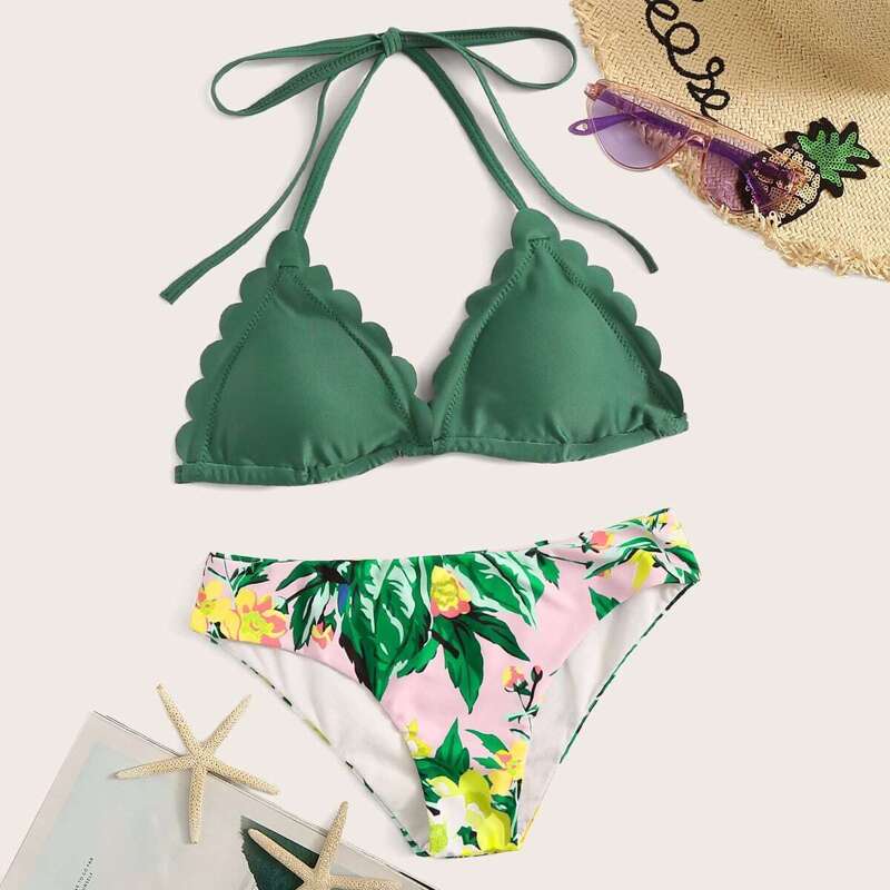 

Scallop Halter Top With Random Plants Print Bikini, Multicolor
