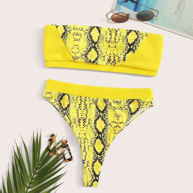 

Snakeskin Bandeau With High Cut Bikini Set, Multicolor bright
