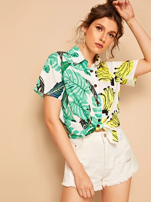 Blusa con estampado tropical de banana | Mode de Mujer Blusa con estampado de cadena | Mode de Mujer | SHEIN España