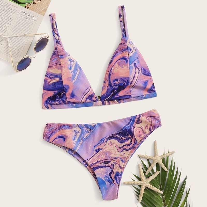 

Random Watercolor Print Triangle Bikini Set, Multicolor