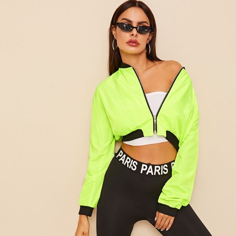 

Neon Green Zip Through Crop Bomber Jacket, Green bright