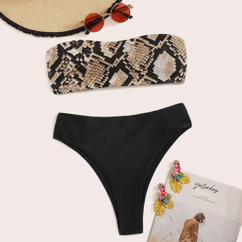 

Snakeskin Bandeau With High Waist Bikini Set, Multicolor
