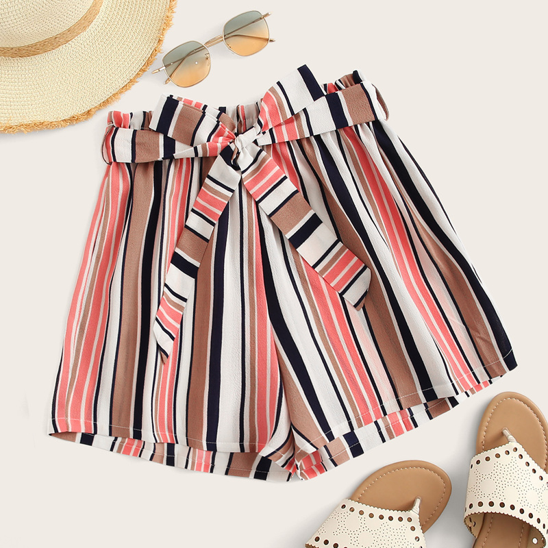 

Multi-Striped Self Tie Shorts, Multicolor