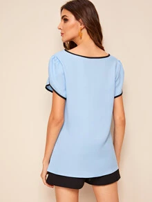 Contrast Binding Knot Blouse - Baby Blue - View 2