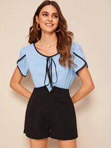 Contrast Binding Knot Blouse - Baby Blue - View 4