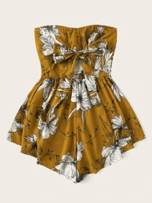 Floral Print Twist Tie Back Tube Playsuit - Yellow - View 2