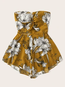 Floral Print Twist Tie Back Tube Playsuit - Yellow - View 4