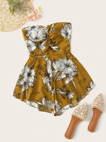 Floral Print Twist Tie Back Tube Playsuit - Yellow - View 1