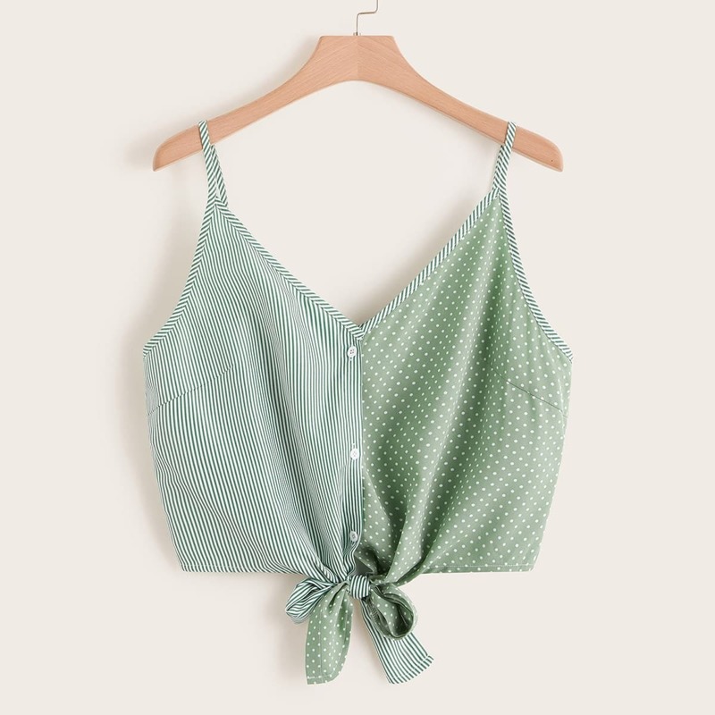 

Plus Knot Hem Button Front Striped Cami Top, Green