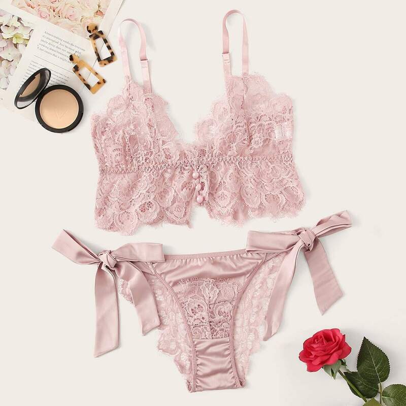 

Tie Side Eyelash Lace Lingerie Set, Pink