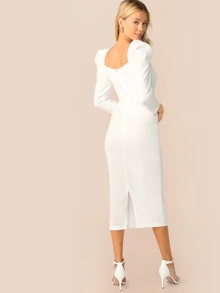 SHEIN 羊腿袖後開衩鉛筆連衣裙 - 白色 - 查看 2