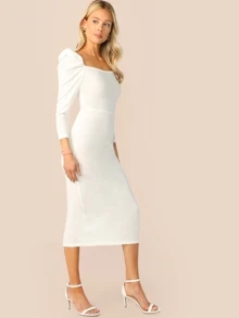 SHEIN 羊腿袖後開衩鉛筆連衣裙 - 白色 - 查看 3
