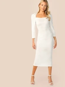 SHEIN 羊腿袖後開衩鉛筆連衣裙 - 白色 - 查看 5