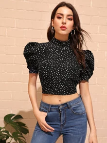 SHEIN Mock-Neck Puff Sleeve Knot Backless Polka Dot Top - Black - View 2