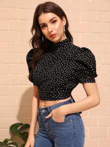 SHEIN Mock-Neck Puff Sleeve Knot Backless Polka Dot Top - Black - View 5