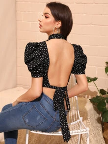 SHEIN Mock-Neck Puff Sleeve Knot Backless Polka Dot Top - Black - View 1