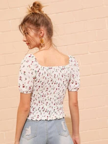 Ditsy Floral Shirred Frill Blouse - White - View 2
