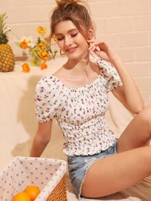 Ditsy Floral Shirred Frill Blouse - White - View 1