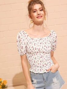 Ditsy Floral Shirred Frill Blouse - White - View 3