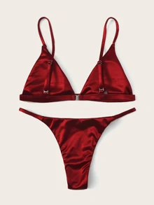 SHEIN Swim Summer Beach Satin Triangle Tanga Bikini Set - Burgundy - View 2