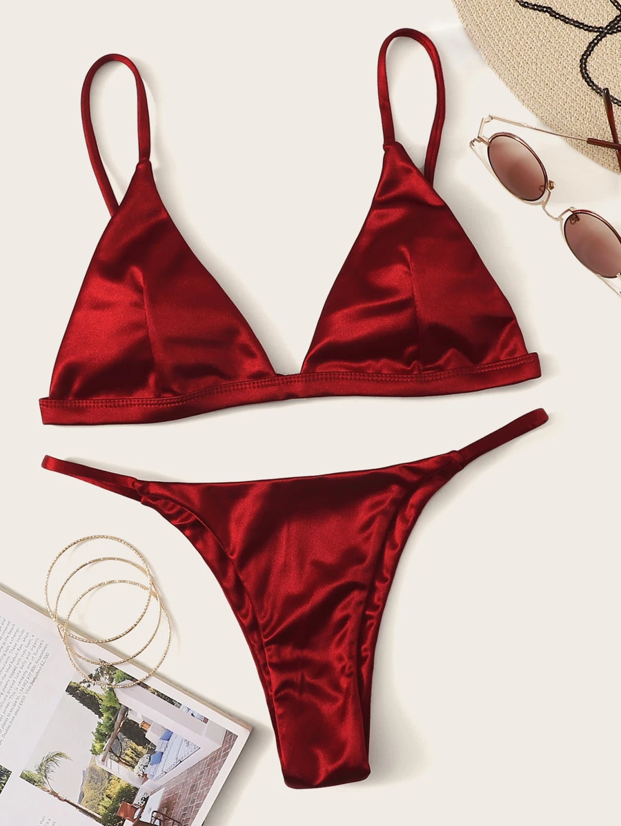 SHEIN Swim Summer Beach Satin Triangle Tanga Bikini Set - Burgundy - View 1