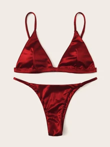 SHEIN Swim Summer Beach Satin Triangle Tanga Bikini Set - Burgundy - View 5