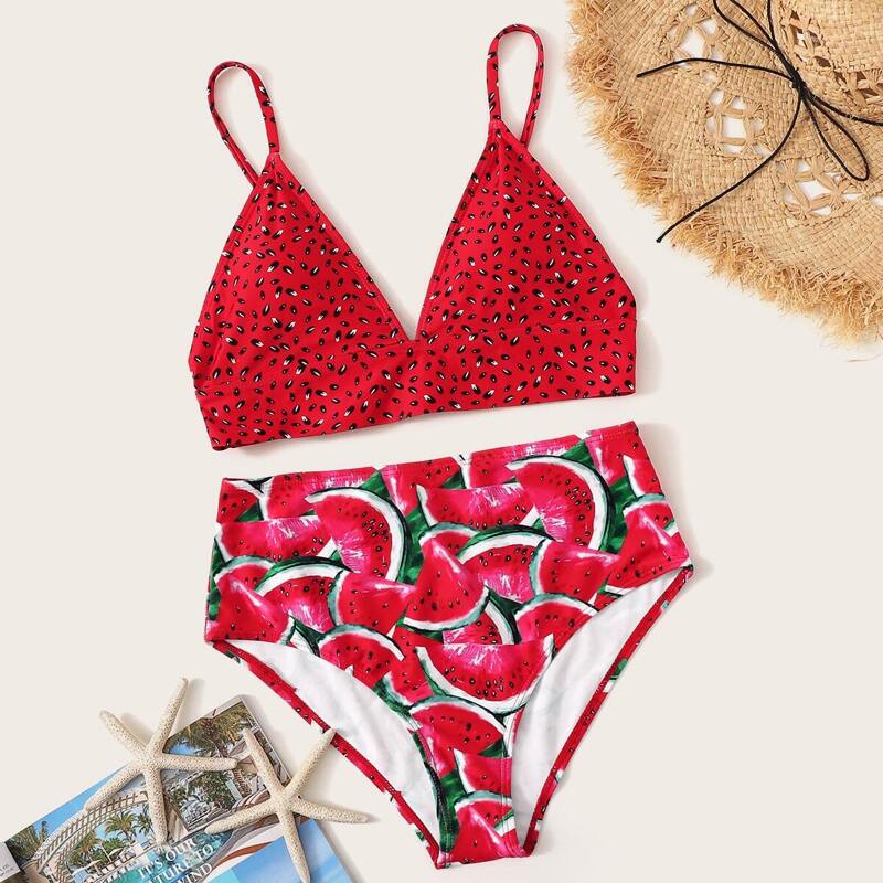 

Watermelon Print Plunge Neck High Waisted Bikini Swimsuit, Red