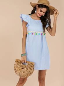Striped Fringe Trim Tie Back Dress - Blue and White - View 3