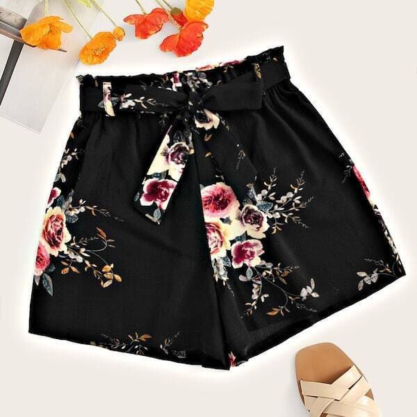 

Plus Floral Print Self Tie Shorts, Black