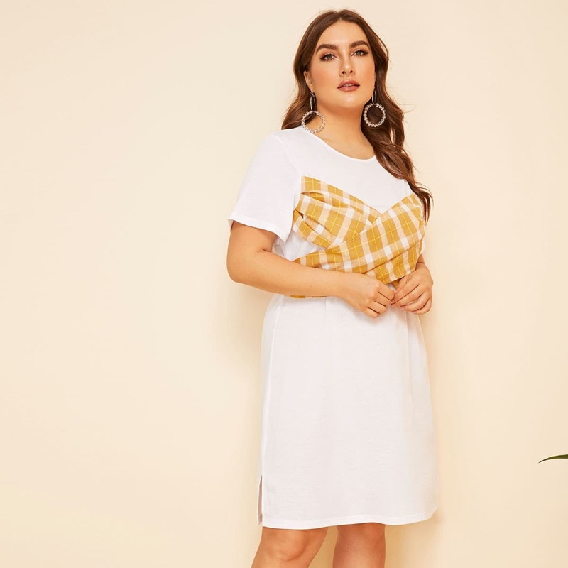 

Plus Contrast Plaid Panel Split Side Dress, White