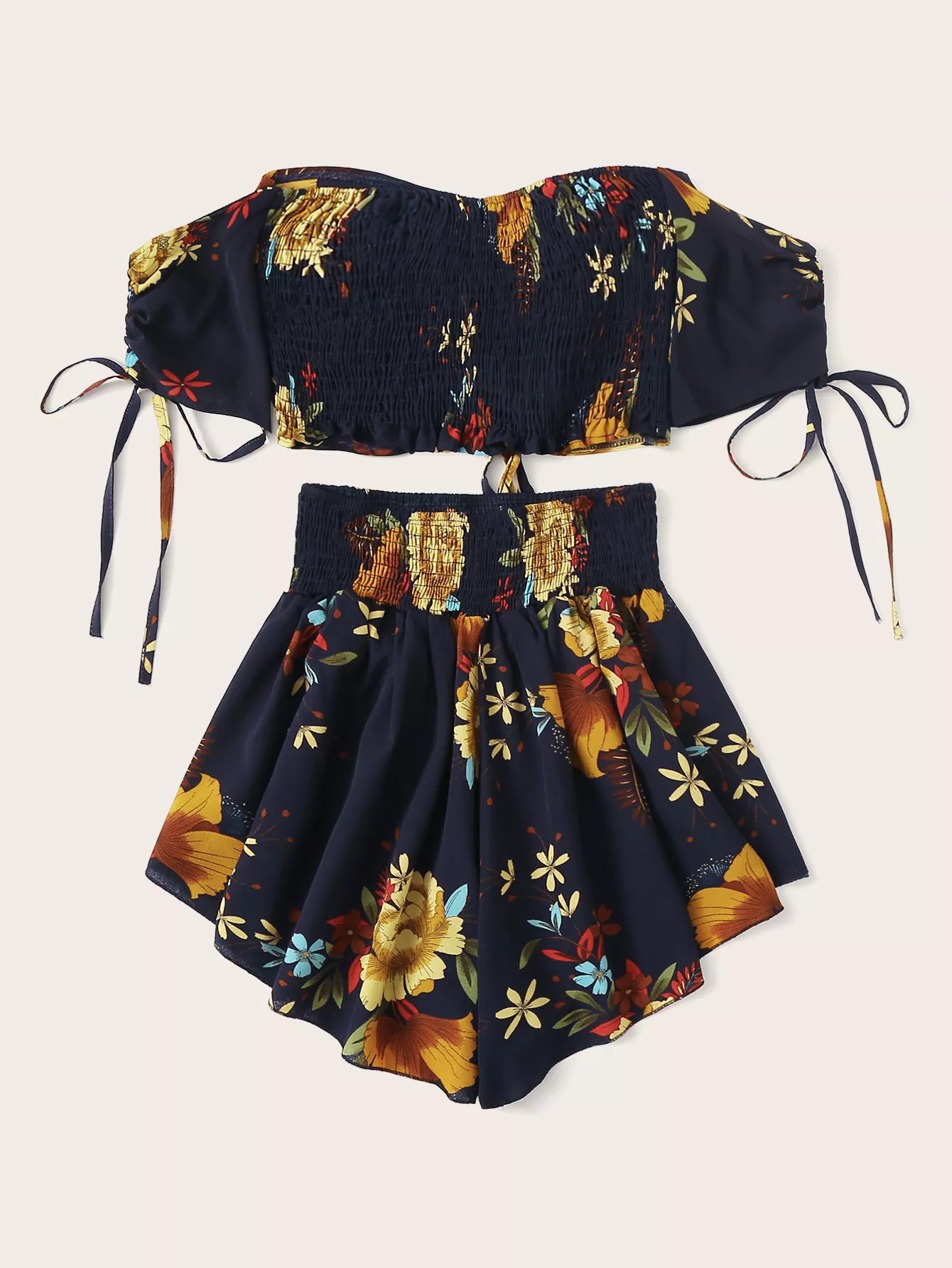 Plus Off Shoulder Floral Print Shirred Top With Shorts SHEIN